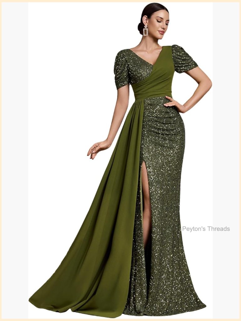 V-Neck Short Sleeve Mermaid Maxi Evening Gown With Sequin V-Back & Slit